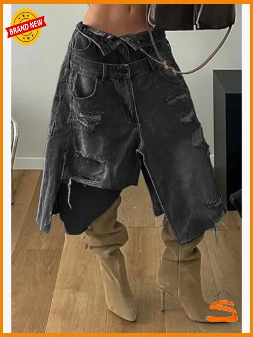 Baggy High Waist Ripped Denim Shorts Y2K Cargo Jorts Double Waist Patchwork
